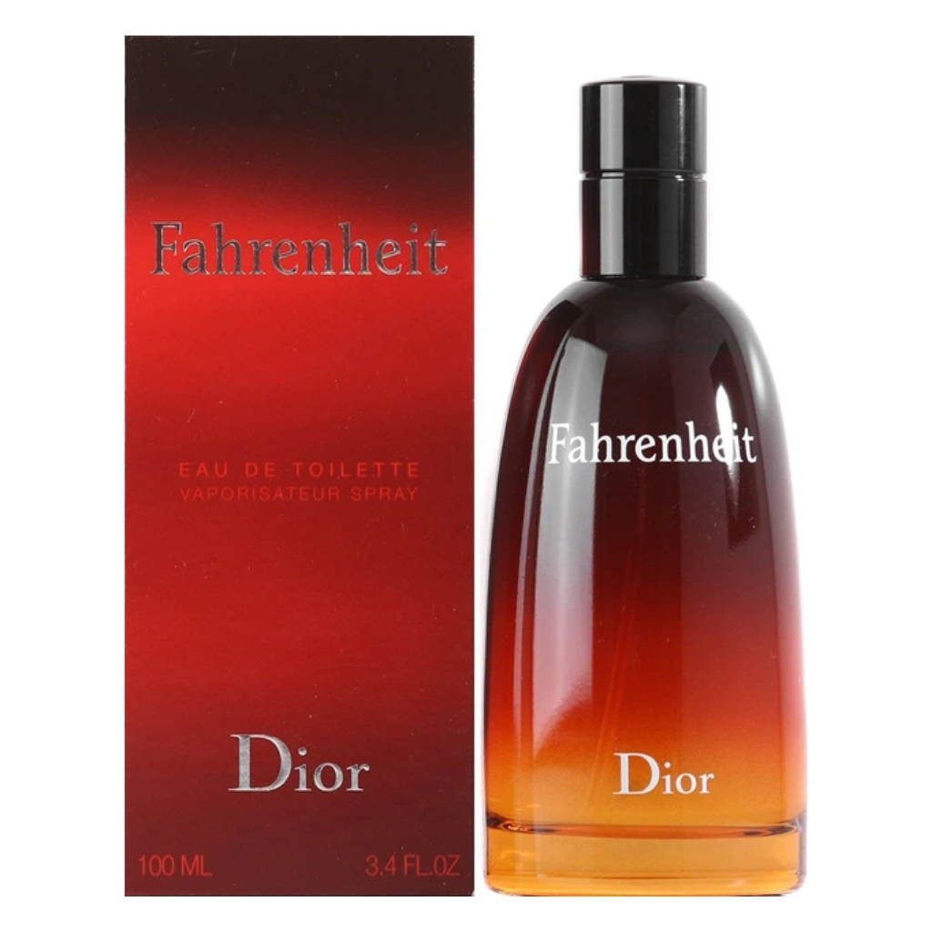 Dior Fahrenheit EDT fragrance bottle and packaging with gradient red and orange design, 100 ml size visible