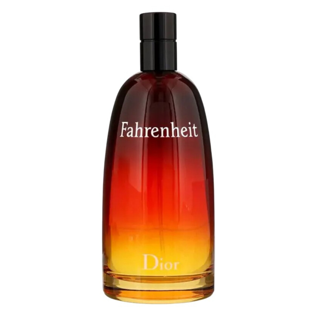 Elegant gradient glass bottle of Fahrenheit EDT fragrance with red, orange, and yellow tones and black cap