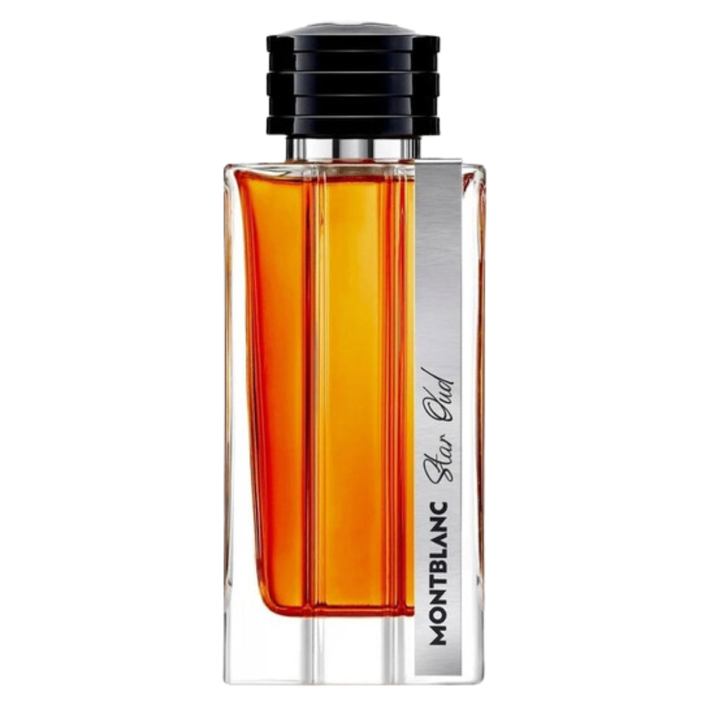 Montblanc Star Oud EDP perfume bottle with amber liquid and sleek black and silver cap design.