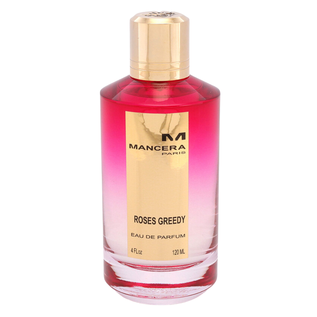 Roses Greedy EDP perfume bottle with gold cap and label, featuring a pink to clear gradient glass design