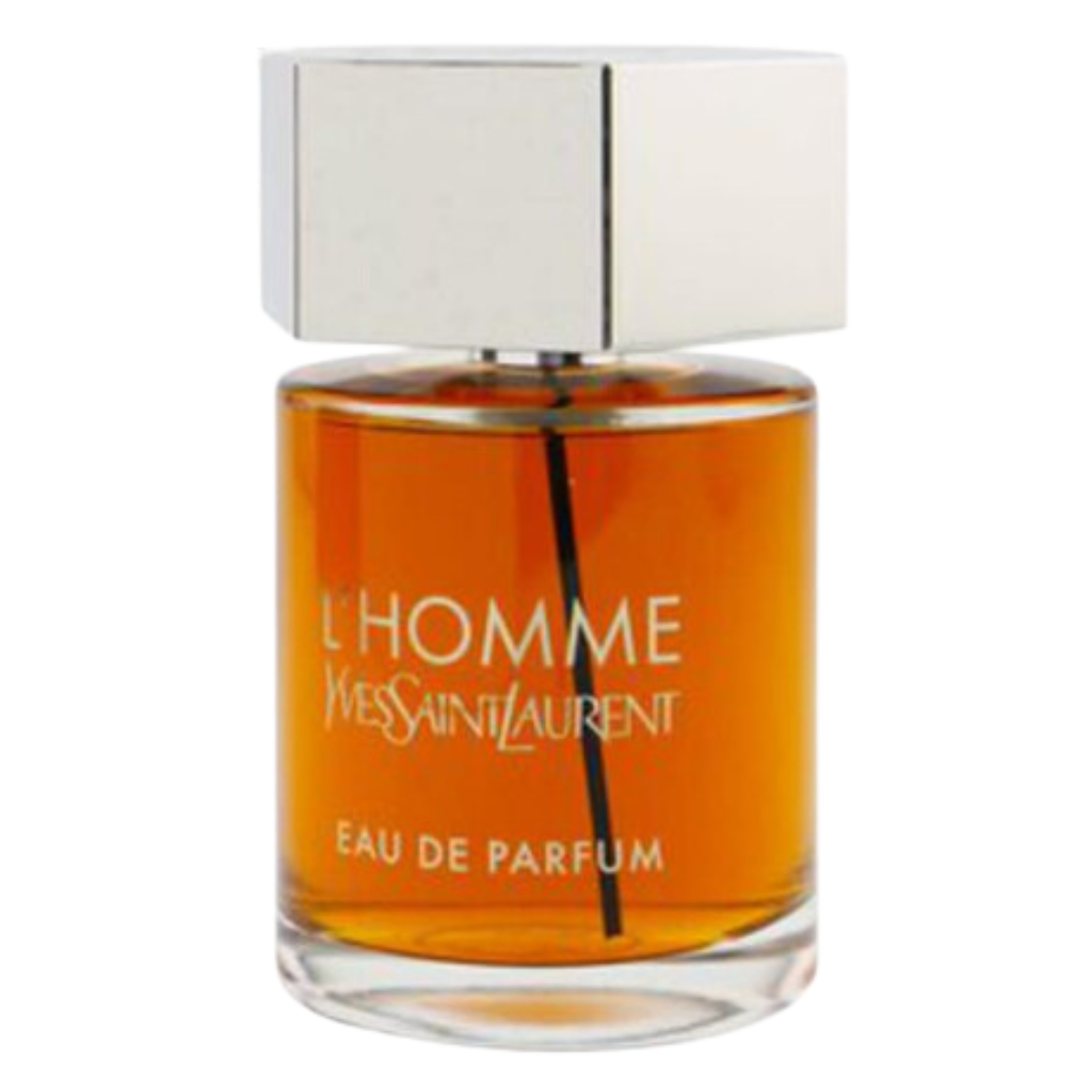 L'Homme EDP in a clear glass bottle with amber liquid and a large silver rectangular cap highlighting luxury fragrance design