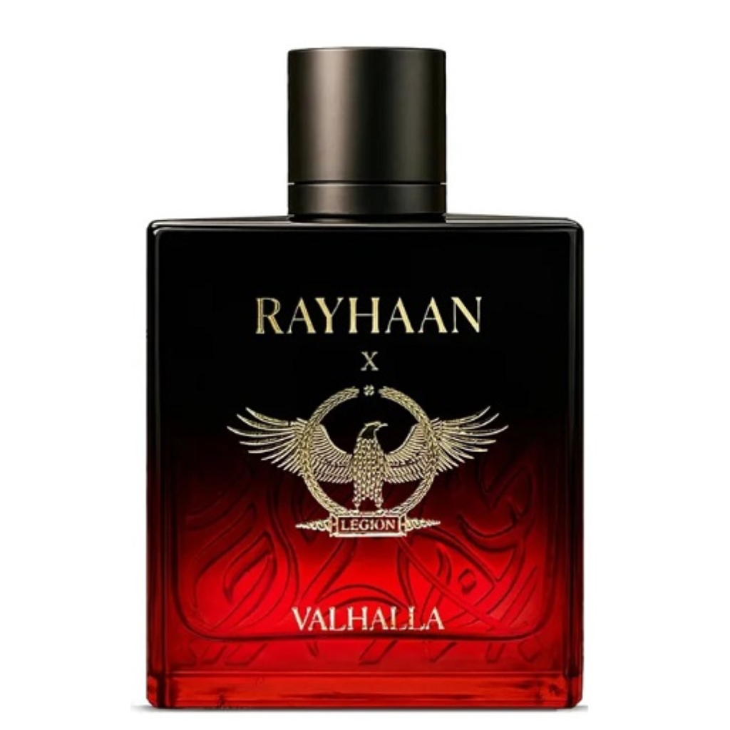 Black and red gradient bottle of Valhalla EDP with gold eagle emblem and elegant cap design for niche fragrances.