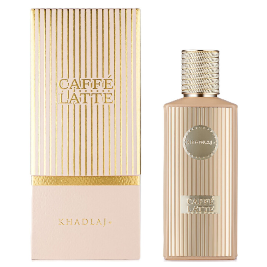 Elegant beige bottle and box with gold vertical stripes for Caffe Latte Extrait de Parfum fragrance decants and samples