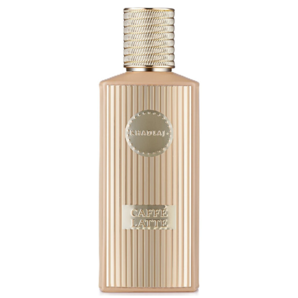 Elegant ribbed beige bottle with gold accents of Caffe Latte Extrait de Parfum by Arvella Fragrance