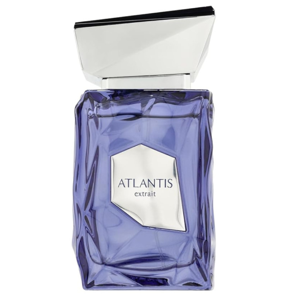 Atlantis Extrait de Parfum in a stylish blue crystal bottle with a silver reflective cap and label design