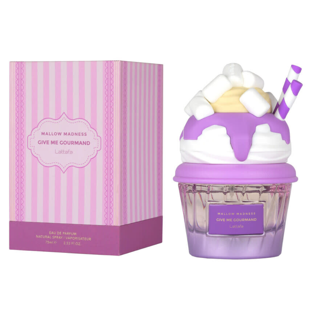 Give Me Gourmand Mallow Madness EDP perfume bottle with pink striped packaging and playful marshmallow design