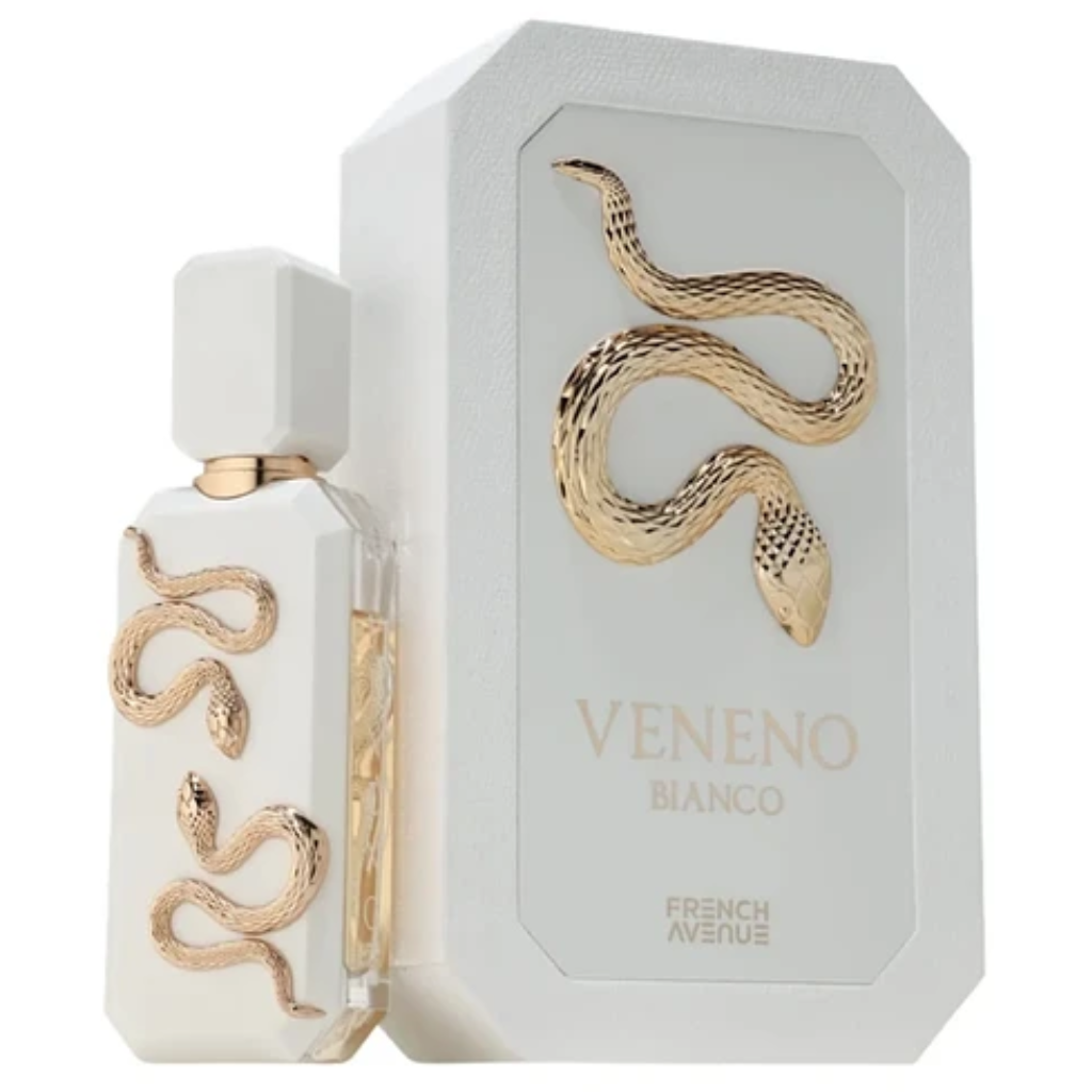 Veneno Bianco EDP bottle and box in white with gold snake design, luxury fragrance decant packaging.
