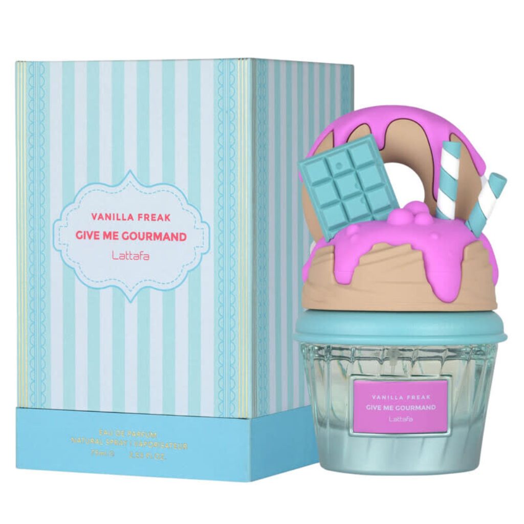 Give Me Gourmand Vanilla Freak EDP perfume bottle with dessert-inspired design and striped blue packaging box.