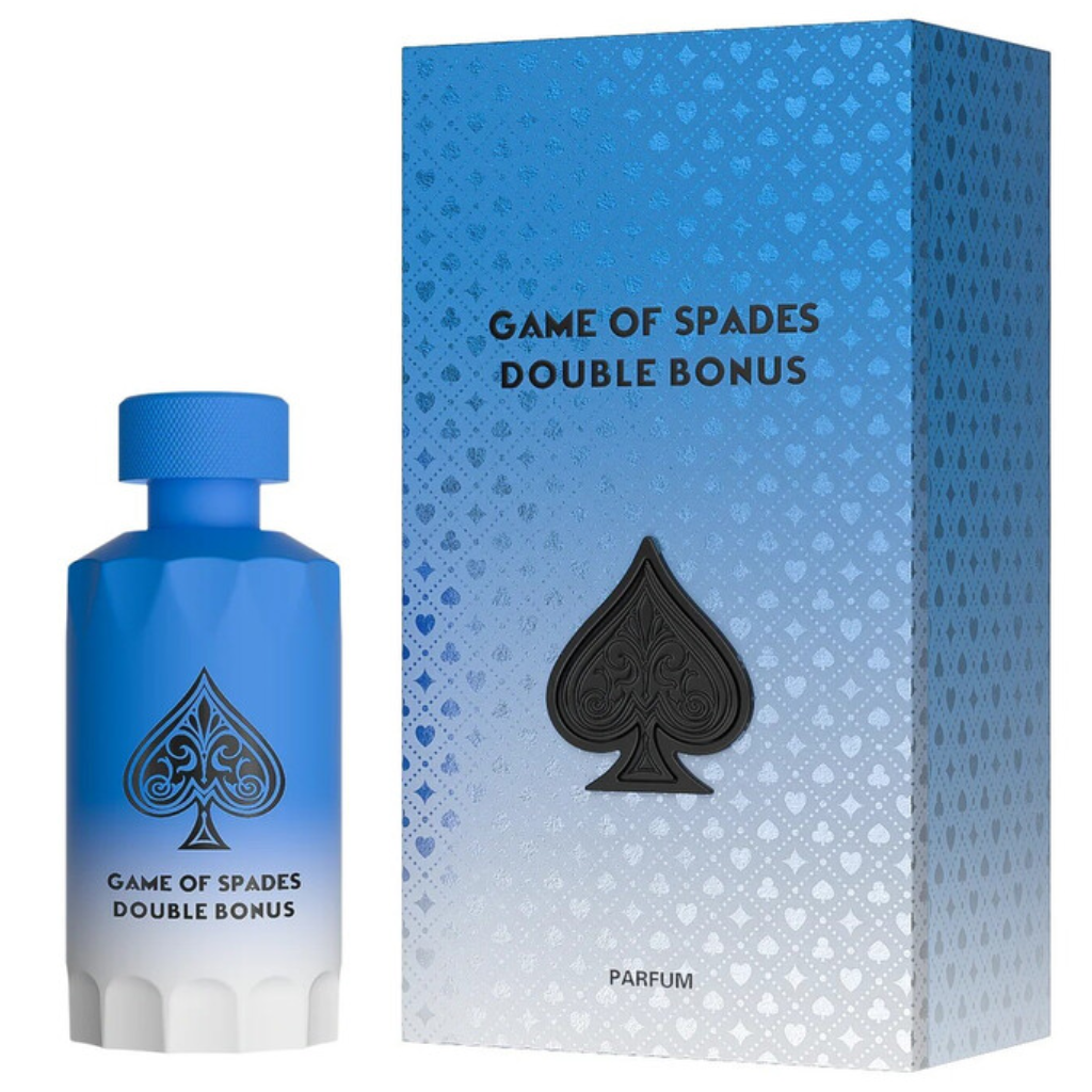 Game of Spades Double Bonus Parfum bottle and box in blue gradient with black spade symbol and elegant text design