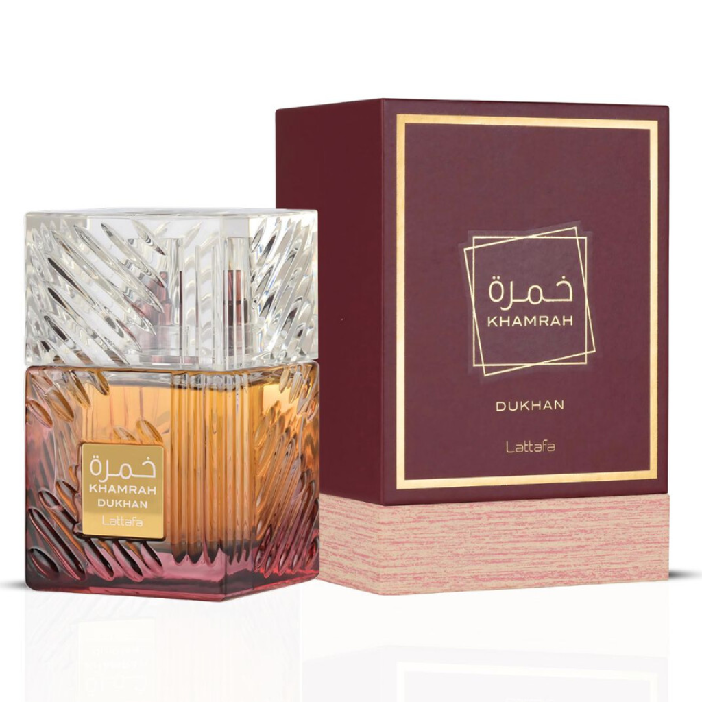 Khamrah Dukhan EDP perfume bottle with amber liquid and elegant maroon and gold packaging box
