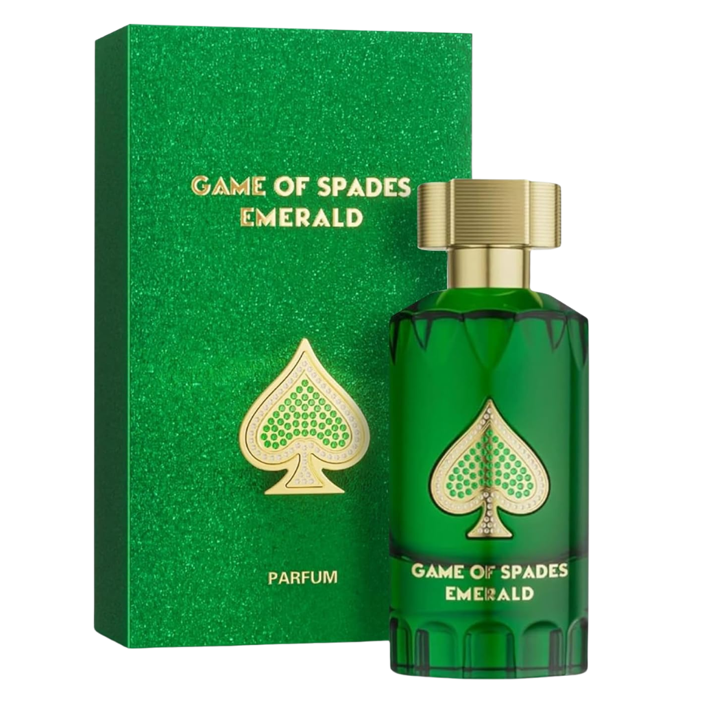Game Of Spade Emerald Parfum green bottle with gold cap beside matching green box with gold and jewel spade design
