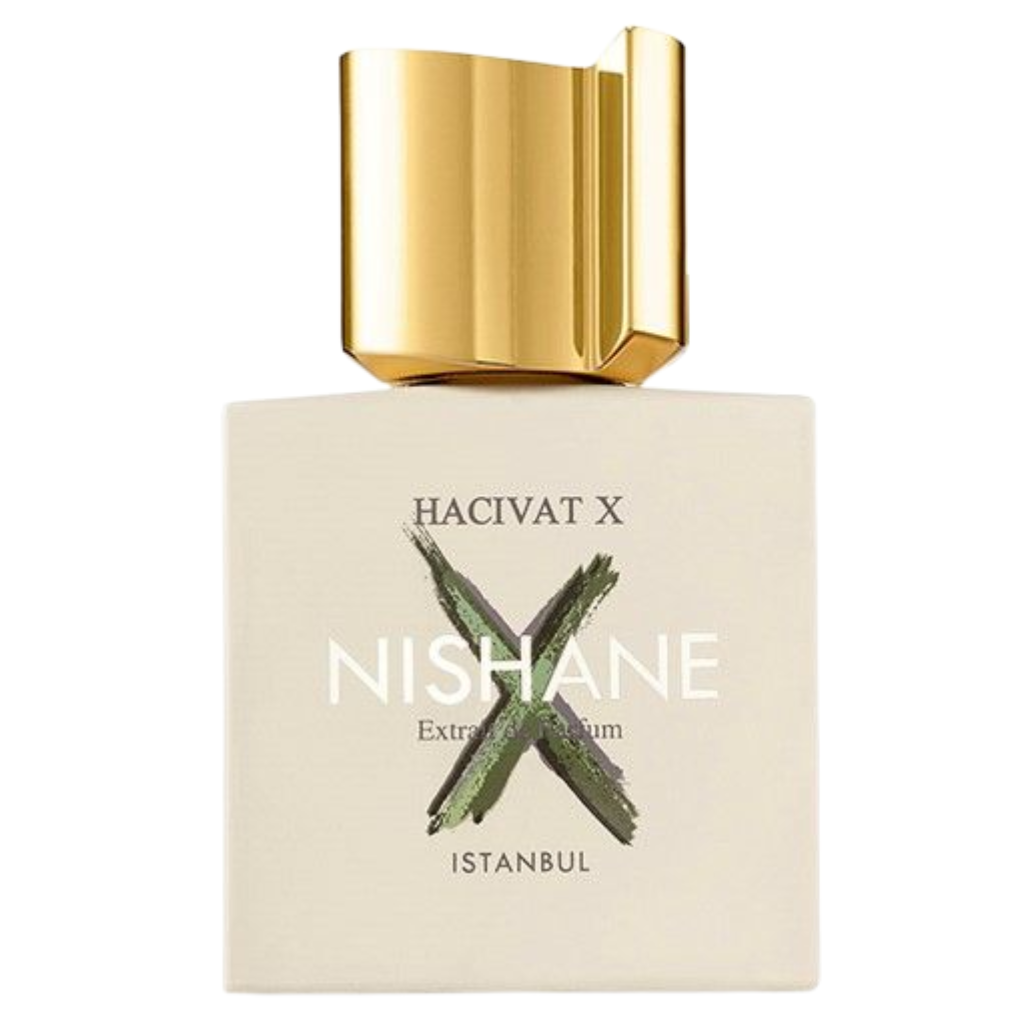 Hacivat X Extrait de Parfum bottle with gold cap and distinctive green X design on ivory background
