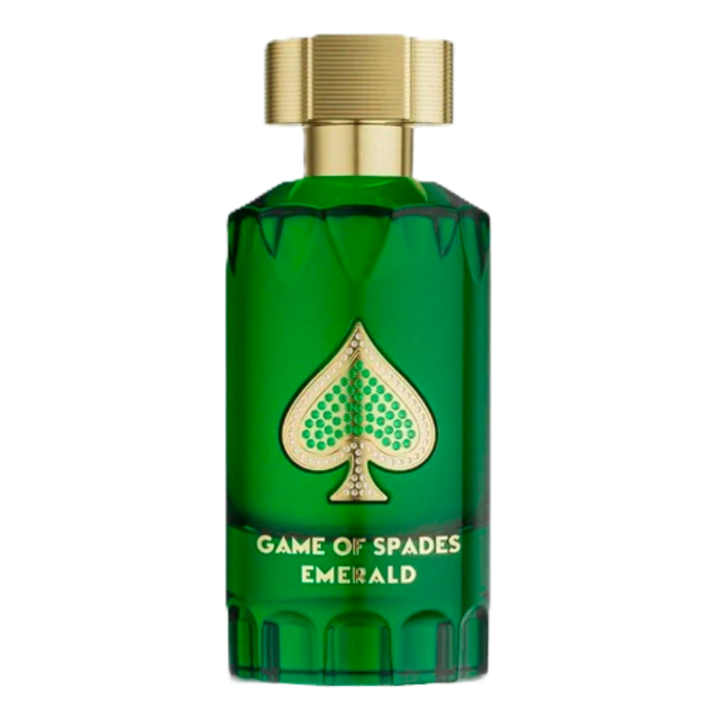Game Of Spade Emerald Parfum in a green glass bottle with gold cap and spade emblem on front label