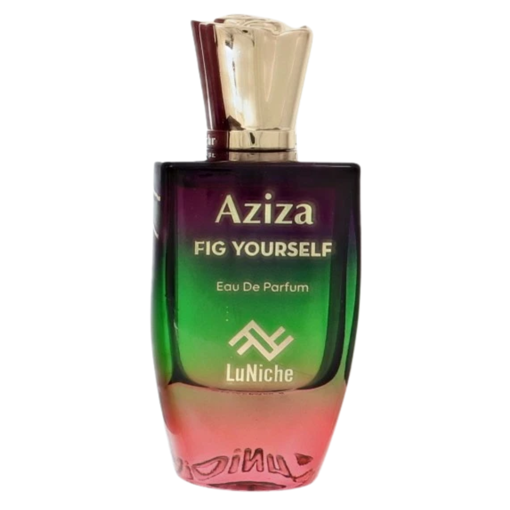 Aziza Fig Yourself By Daniel Rene EDP perfume bottle with gradient green and pink glass and gold cap luxury fragrance