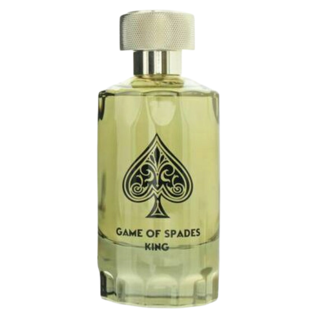 Clear glass bottle of Game Of Spade King Parfum with a silver textured cap and decorative spade logo on front.