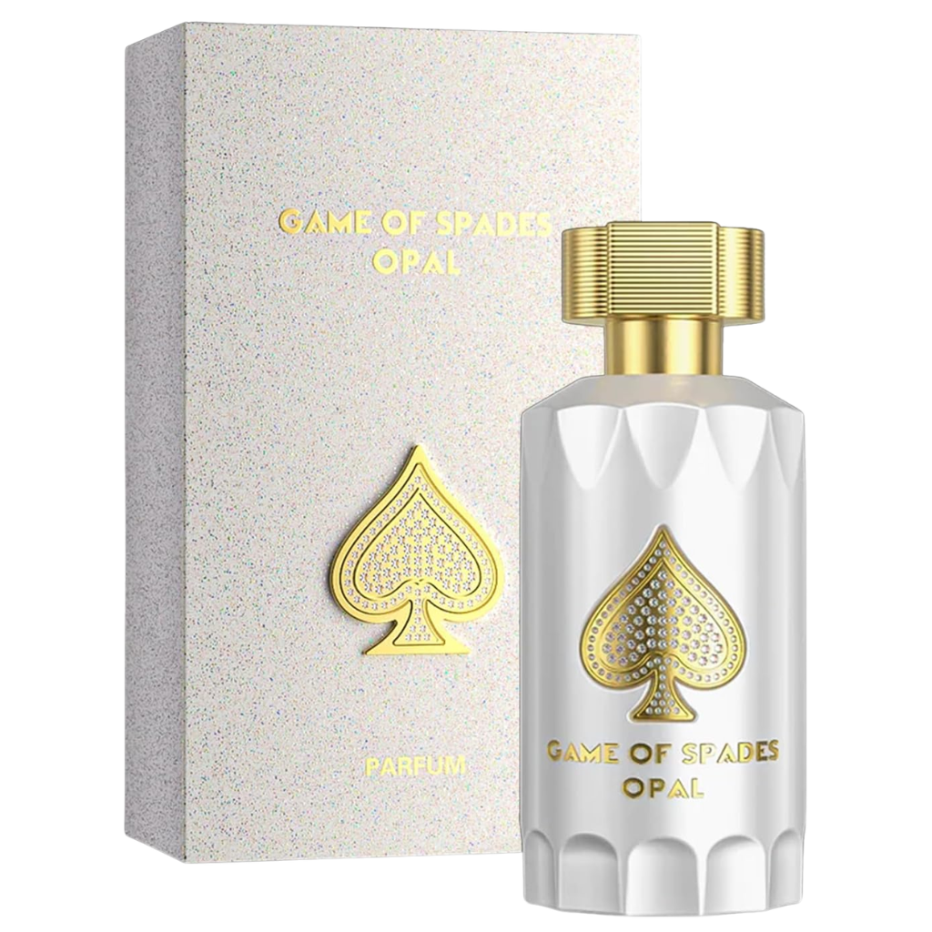 Game of Spades Opal Parfum bottle with gold spade emblem beside matching textured box for niche fragrances.