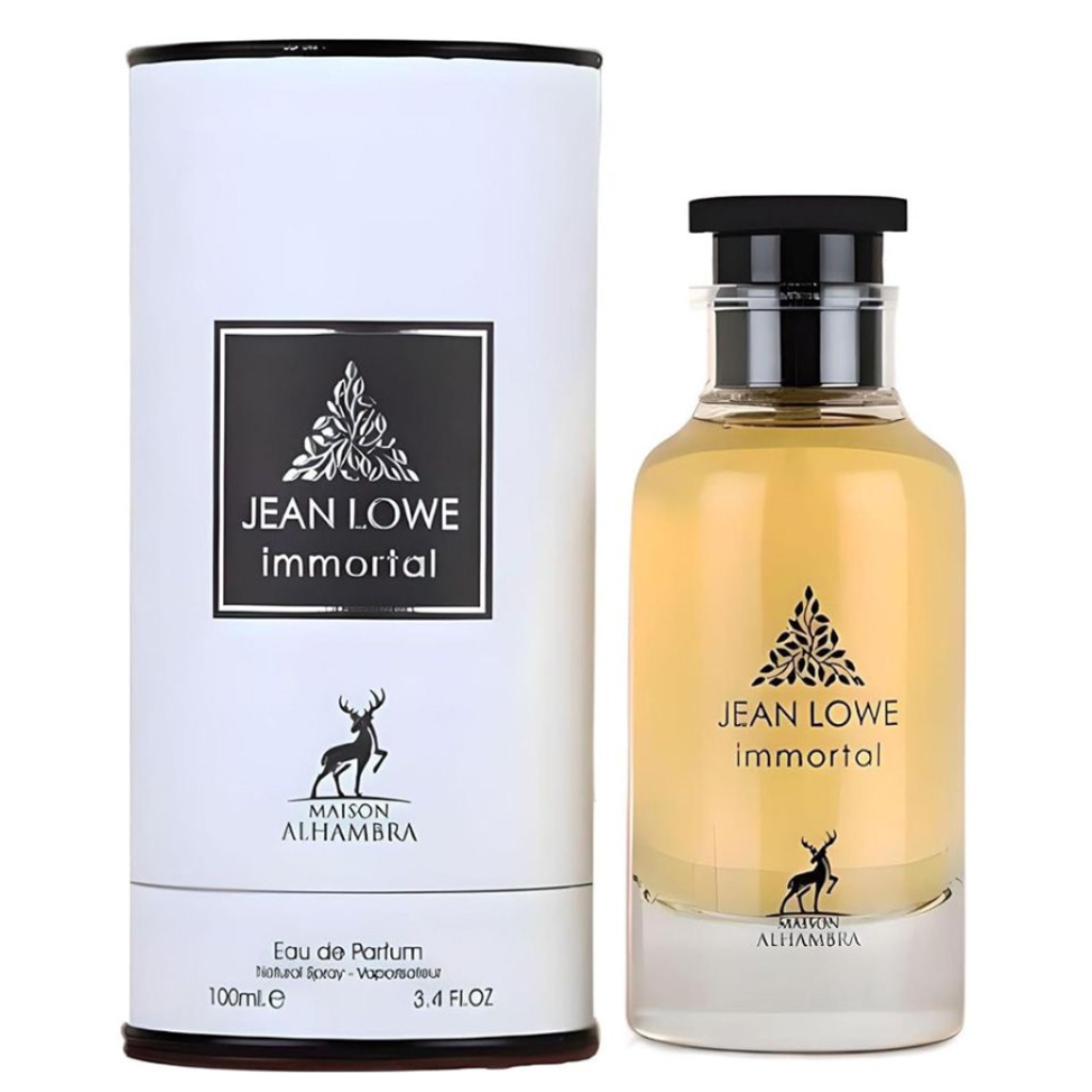 Jean Lowe Immortel EDP perfume bottle with light amber liquid next to a white and black branded box packaging