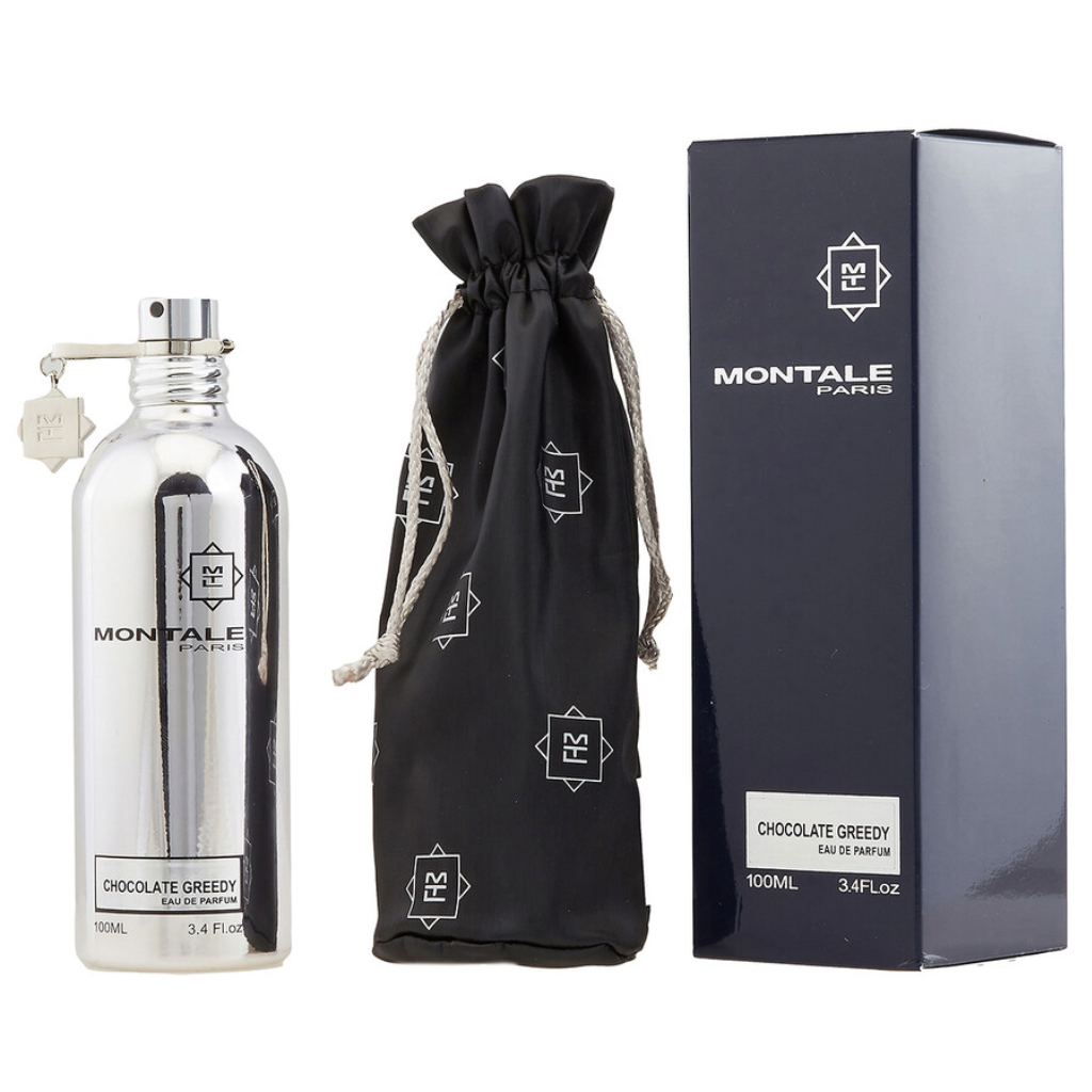 Montale Paris Chocolate Greedy EDP 100ml bottle with black drawstring pouch and dark box packaging