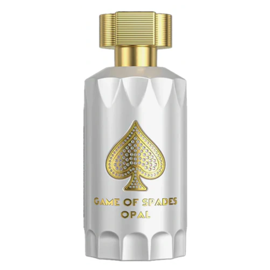 Elegant white bottle with golden spade emblem and cap for Game of Spades Opal Parfum fragrance decants and perfume samples