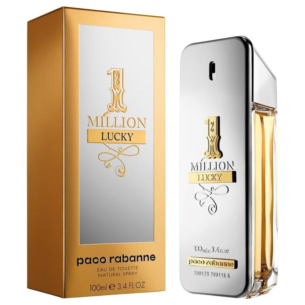 1 Million Lucky EDT bottle with gold and silver packaging, showcasing designer perfume by Paco Rabanne