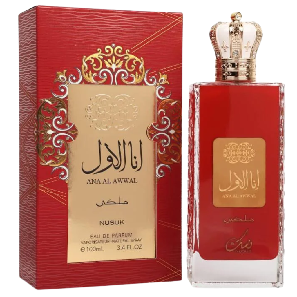Ana Al Awwal Malaki Red EDP bottle with a regal gold crown cap next to its ornate red and gold packaging box.