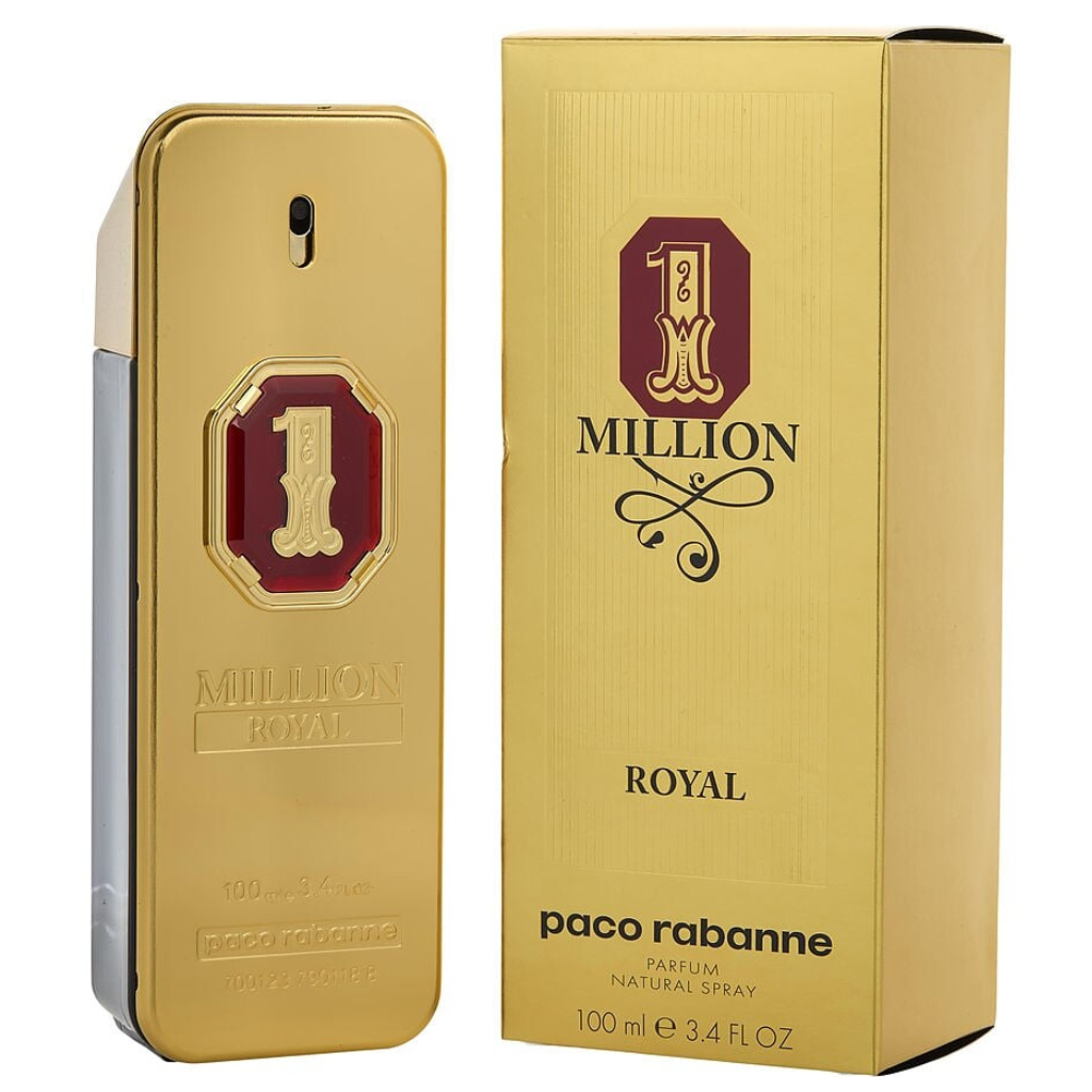 Gold and red bottle of 1 Million Royal Parfum by Paco Rabanne with matching gold packaging box.