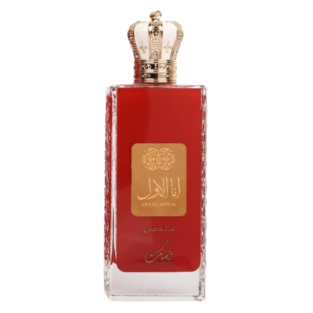 Elegant red and gold perfume bottle with a crown-shaped cap, Ana Al Awwal Malaki Red EDP fragrance decant detail