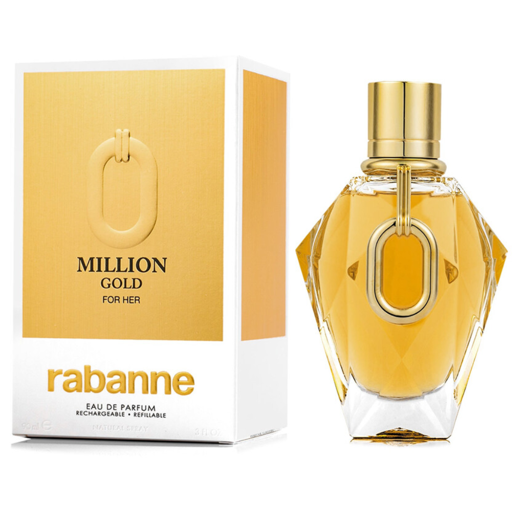Million Gold EDP perfume bottle and matching gold and white packaging box for women fragrance gift set