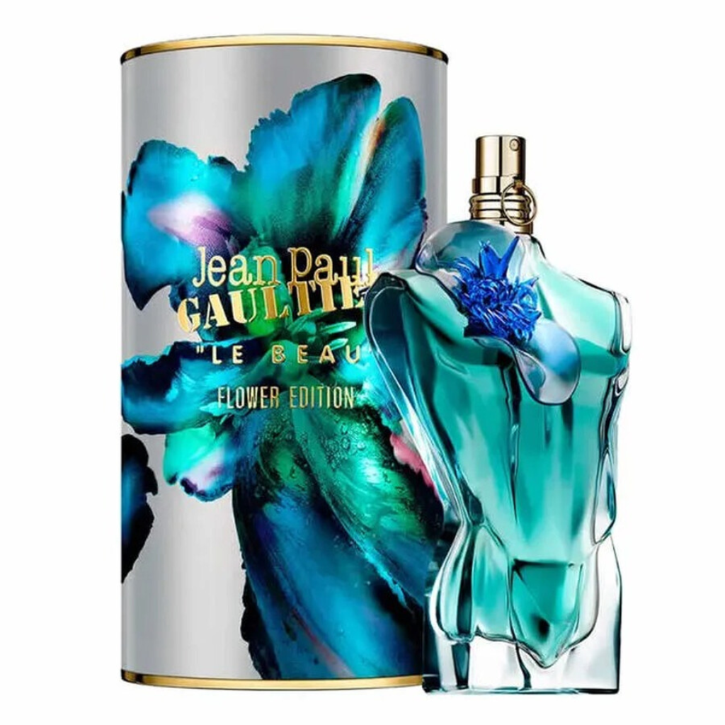 Le Beau Flower Edition EDP perfume bottle with blue floral design next to matching decorative cylindrical box