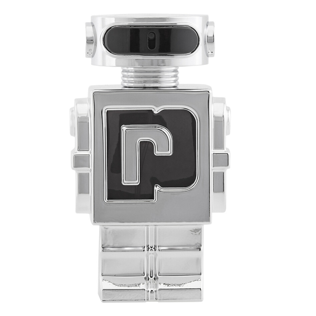 Shiny metallic robot-shaped bottle with black and silver accents for Phantom EDT fragrance packaging.