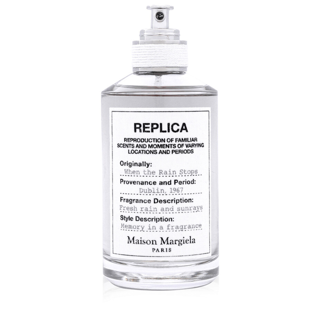 Replica When The Rain Stops EDT clear spray bottle with white label and text referencing Dublin 1967 fragrance inspiration