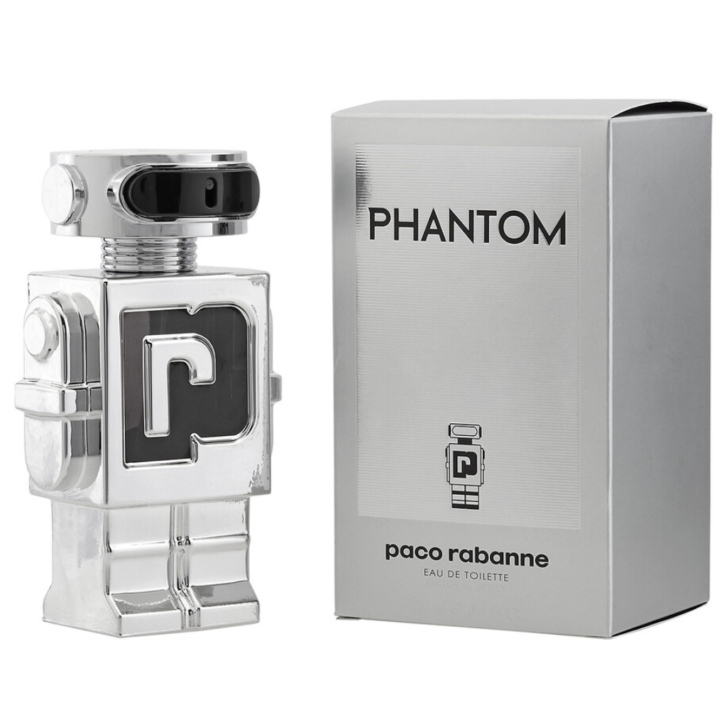 Phantom EDT in a silver robot-shaped bottle next to a matching silver box with bold black text and design