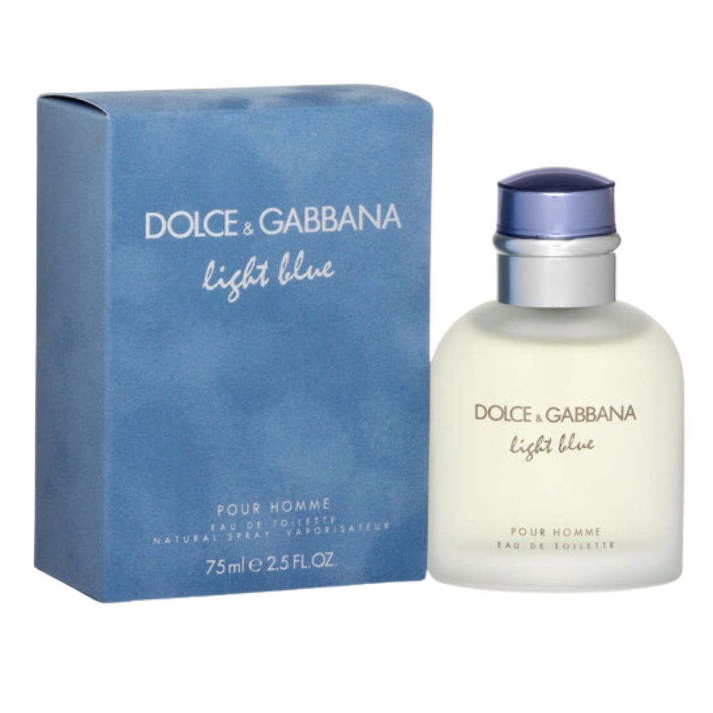 Dolce & Gabbana Light Blue EDT for Men bottle and blue box showcasing 75ml eau de toilette fragrance packaging.