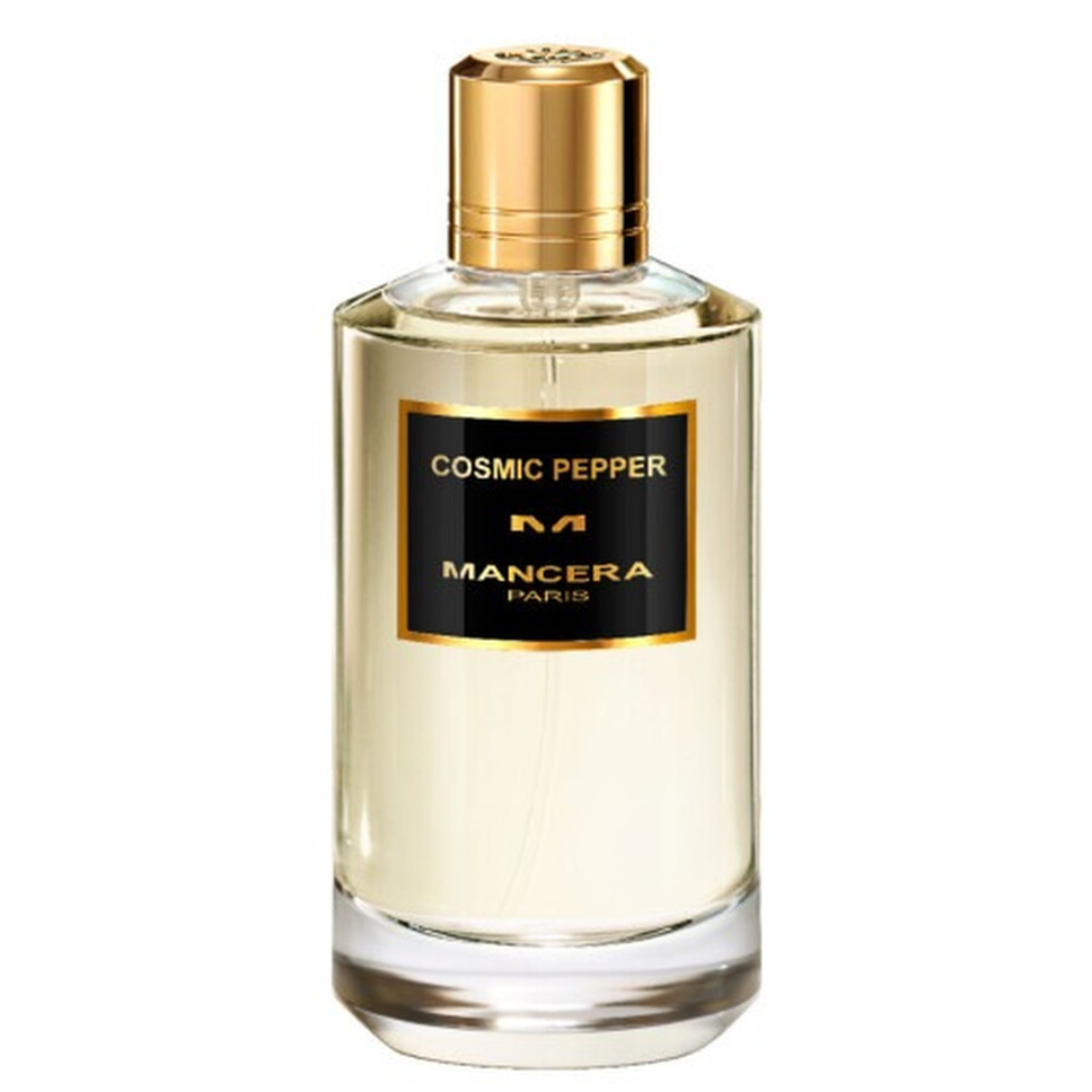 Clear glass bottle of Cosmic Pepper EDP with gold cap and black label showcasing a luxury fragrance decant design
