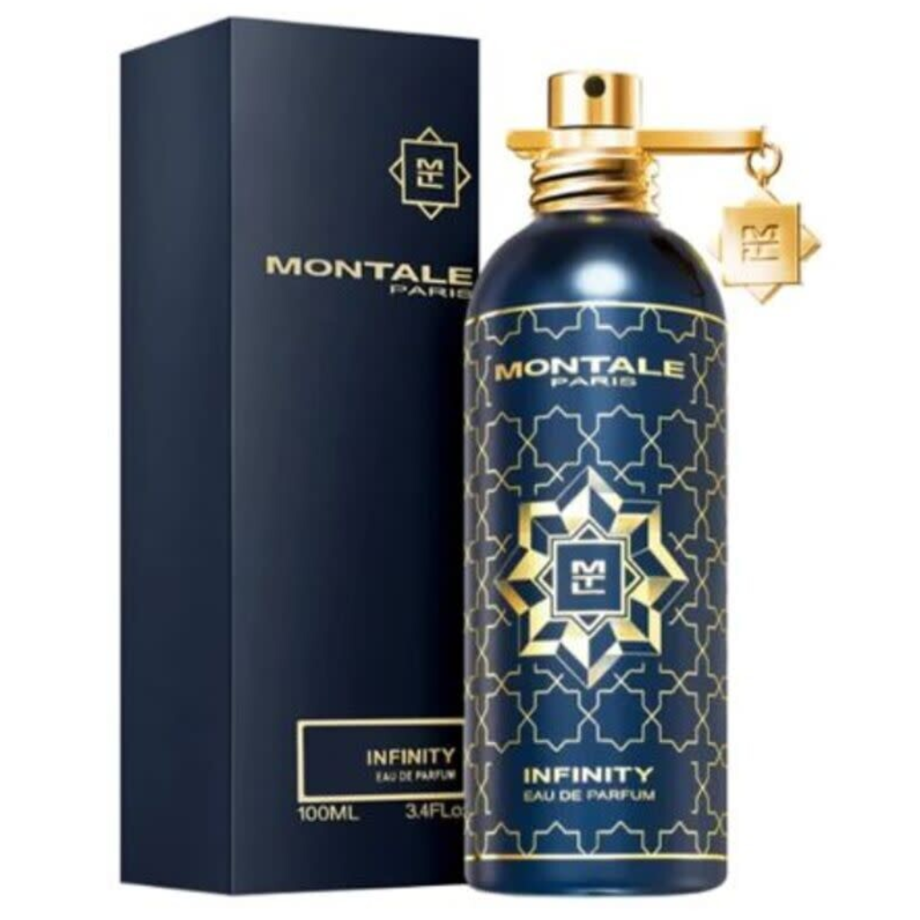 Montale Paris Infinity EDP perfume bottle and box in dark blue with gold geometric design and accents