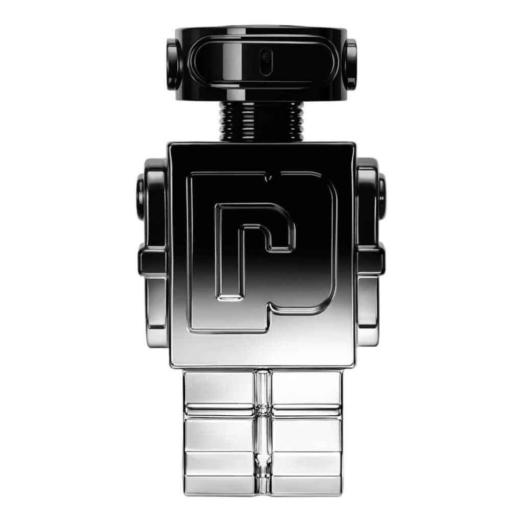 Black and silver robot-shaped bottle of Phantom Elixir Parfum Intense with a modern, sleek design