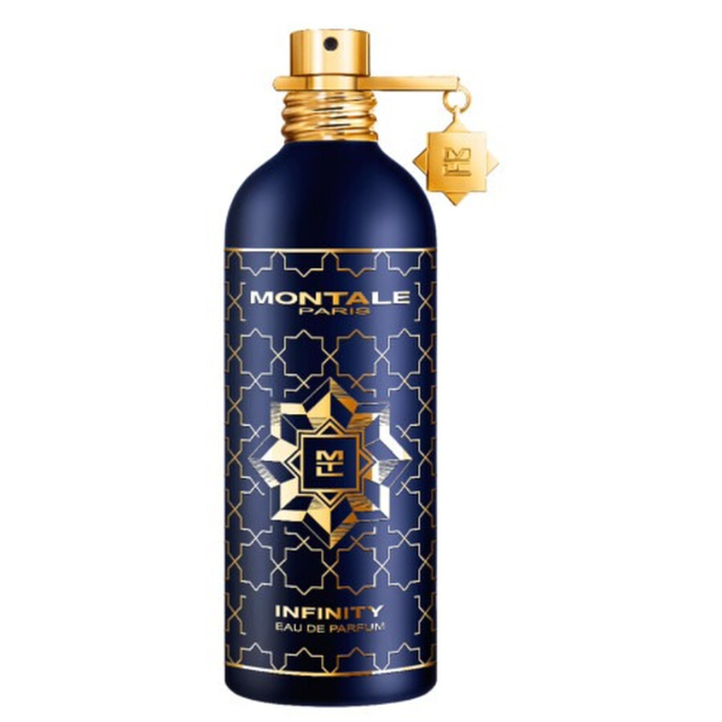 Elegant dark blue and gold Montale Infinity EDP bottle with geometric patterns and a gold charm tag on the spray nozzle