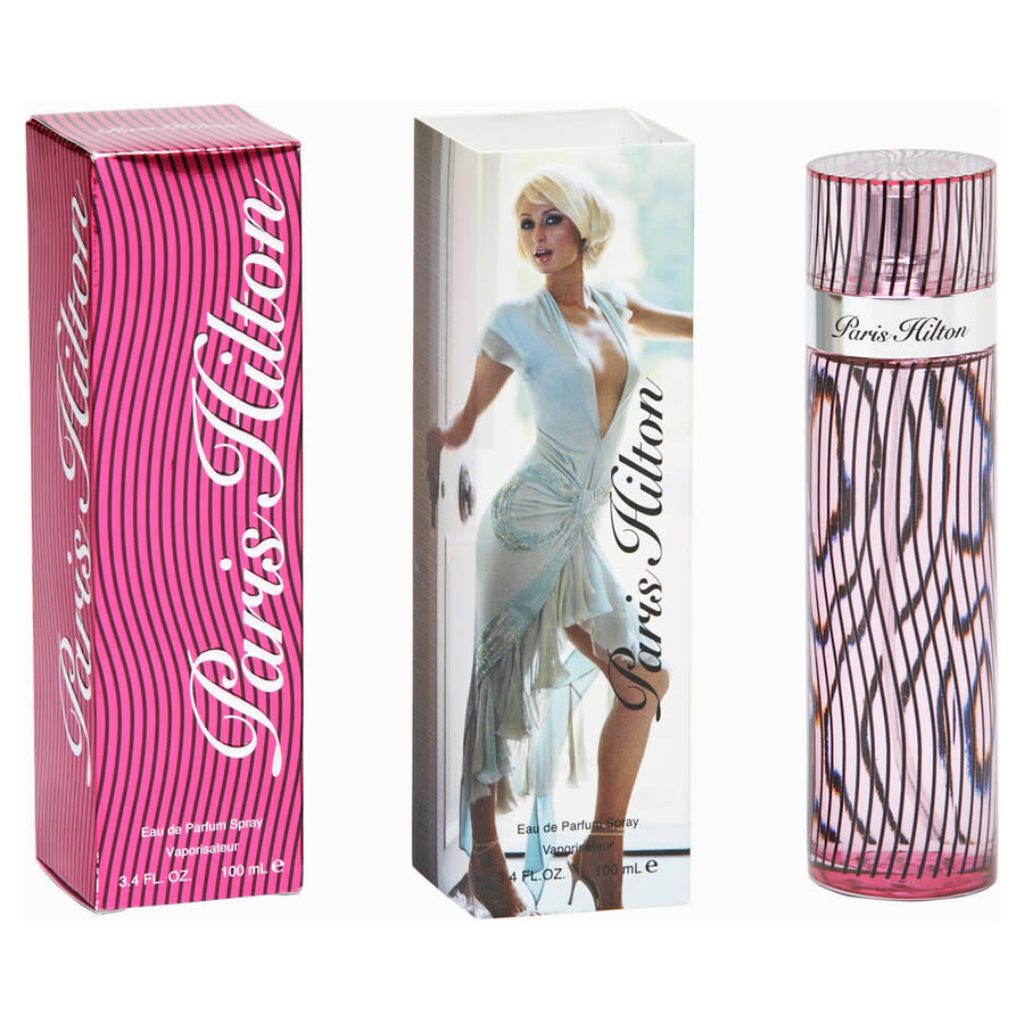 Paris Hilton EDP perfume with pink striped bottle and packaging featuring Paris Hilton image and signature text