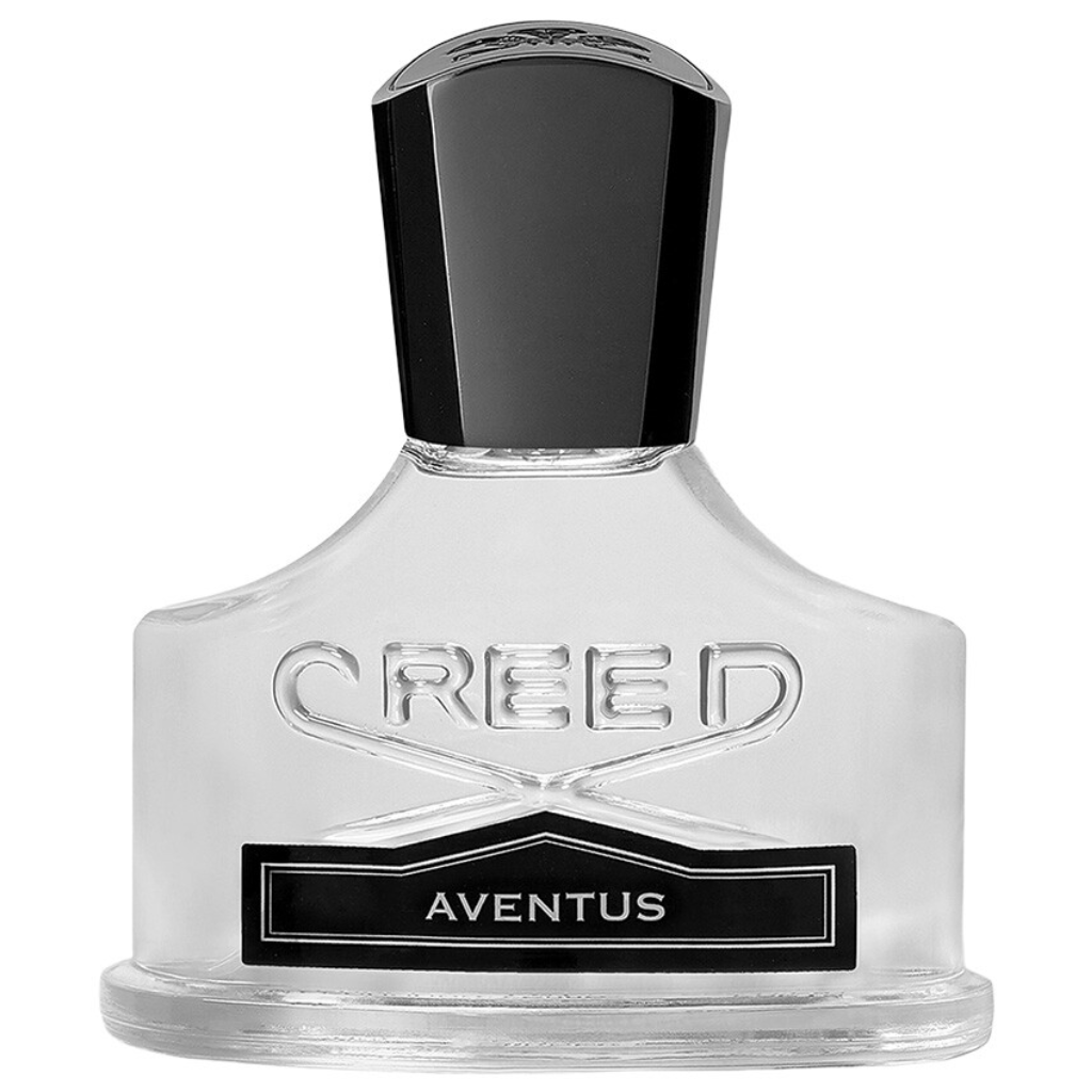 Clear glass bottle of Aventus EDP with black cap and label, showcasing elegant luxury fragrance packaging design