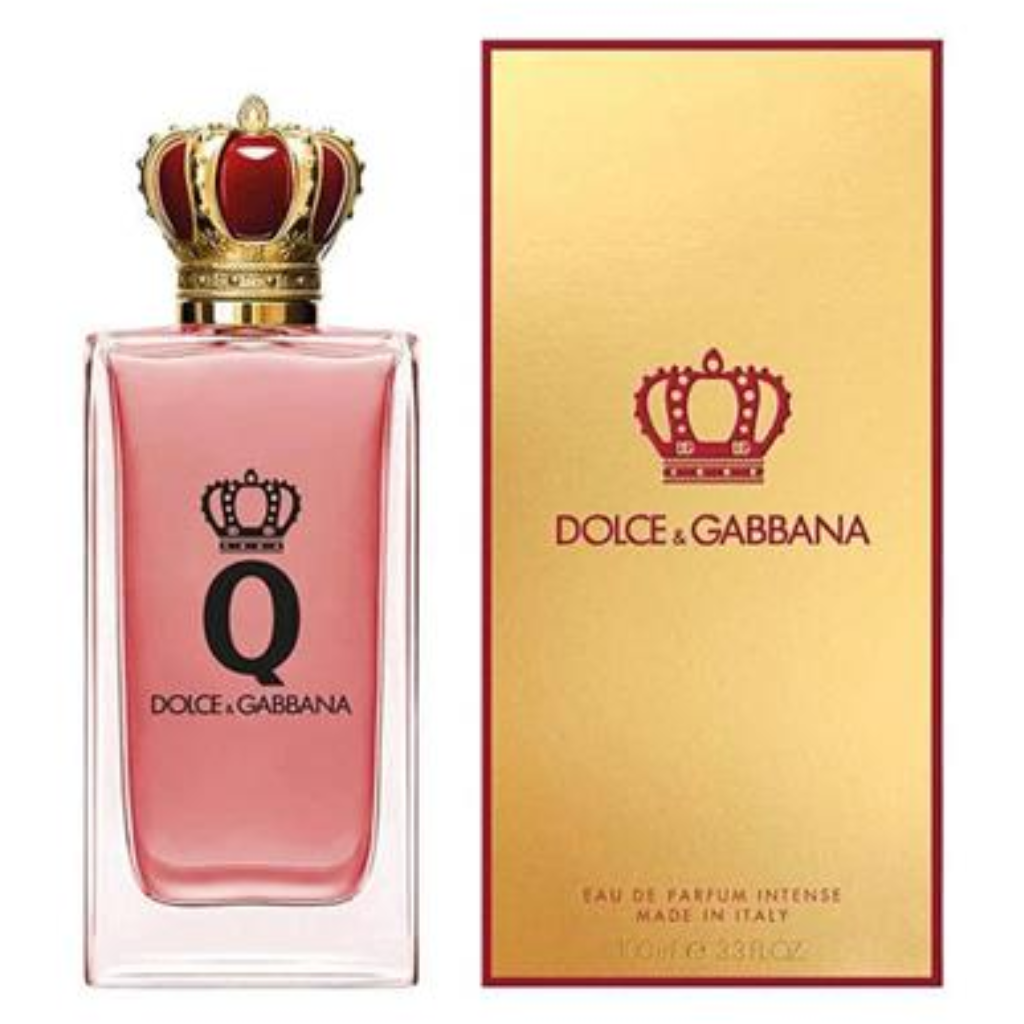 Q Intense EDP perfume bottle with red and gold crown cap beside a matching gold Dolce & Gabbana box