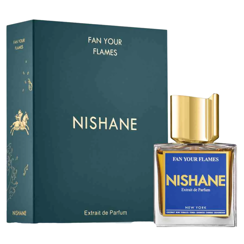 Fan Your Flames Extrait de Parfum bottle with gold cap and blue label next to matching dark green box packaging