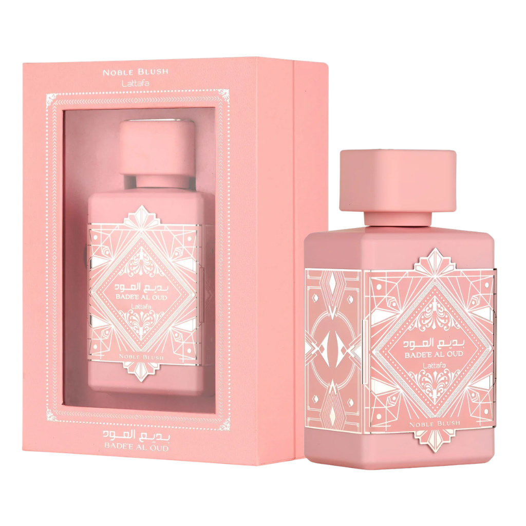 Bade'e Al Oud Noble Blush EDP perfume bottle and pink box packaging with intricate geometric design details