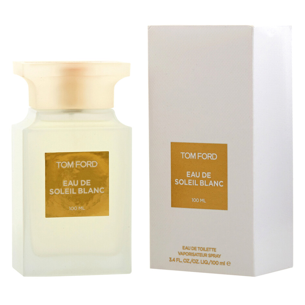 Eau de Soleil Blanc EDT perfume bottle and packaging with gold label and frosted glass design by Tom Ford