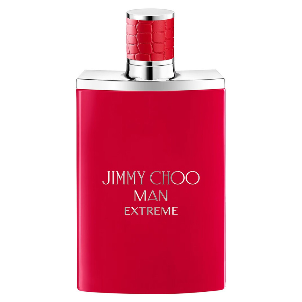 Red sleek bottle with silver cap and textured detail containing Man Extreme EDP fragrance for men.