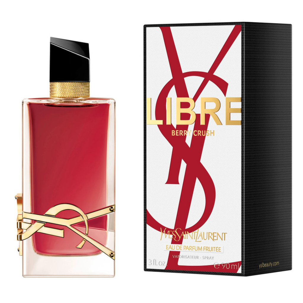 Luxury red fragrance bottle with gold accents next to black and white box for Libre Berry Crush EDP (New Release)