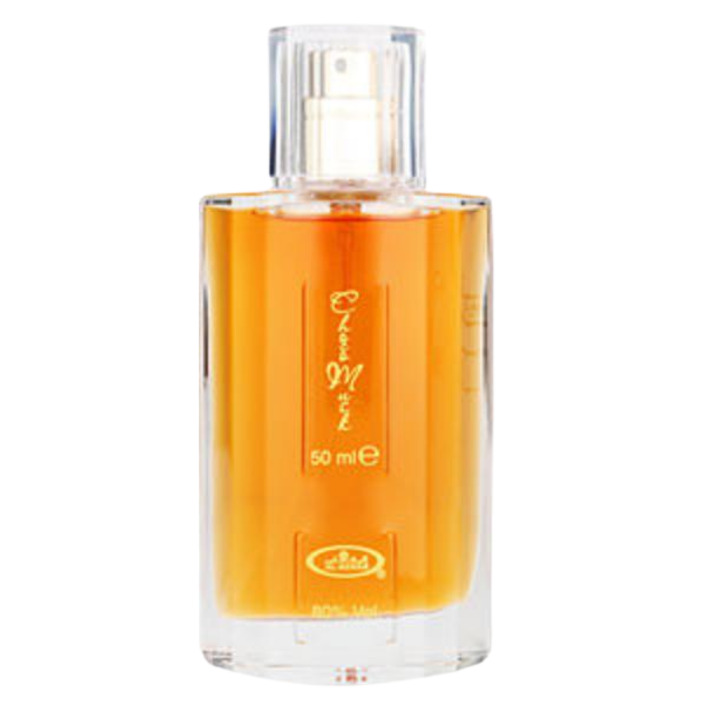 Transparent spray bottle filled with amber liquid for Choco Musk EDP fragrance in 50 ml size