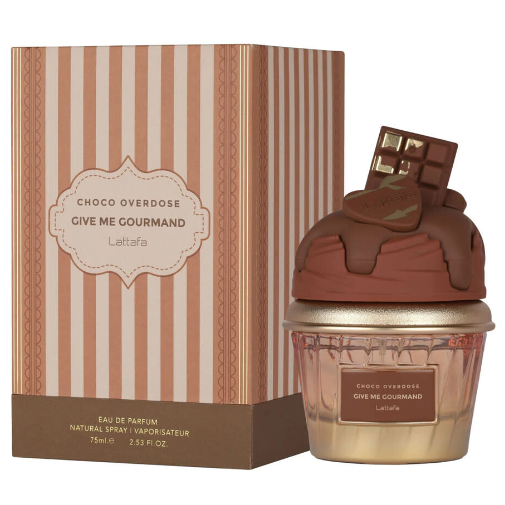 Give Me Gourmand Choco Overdose EDP bottle with chocolate-themed cap and matching striped packaging box