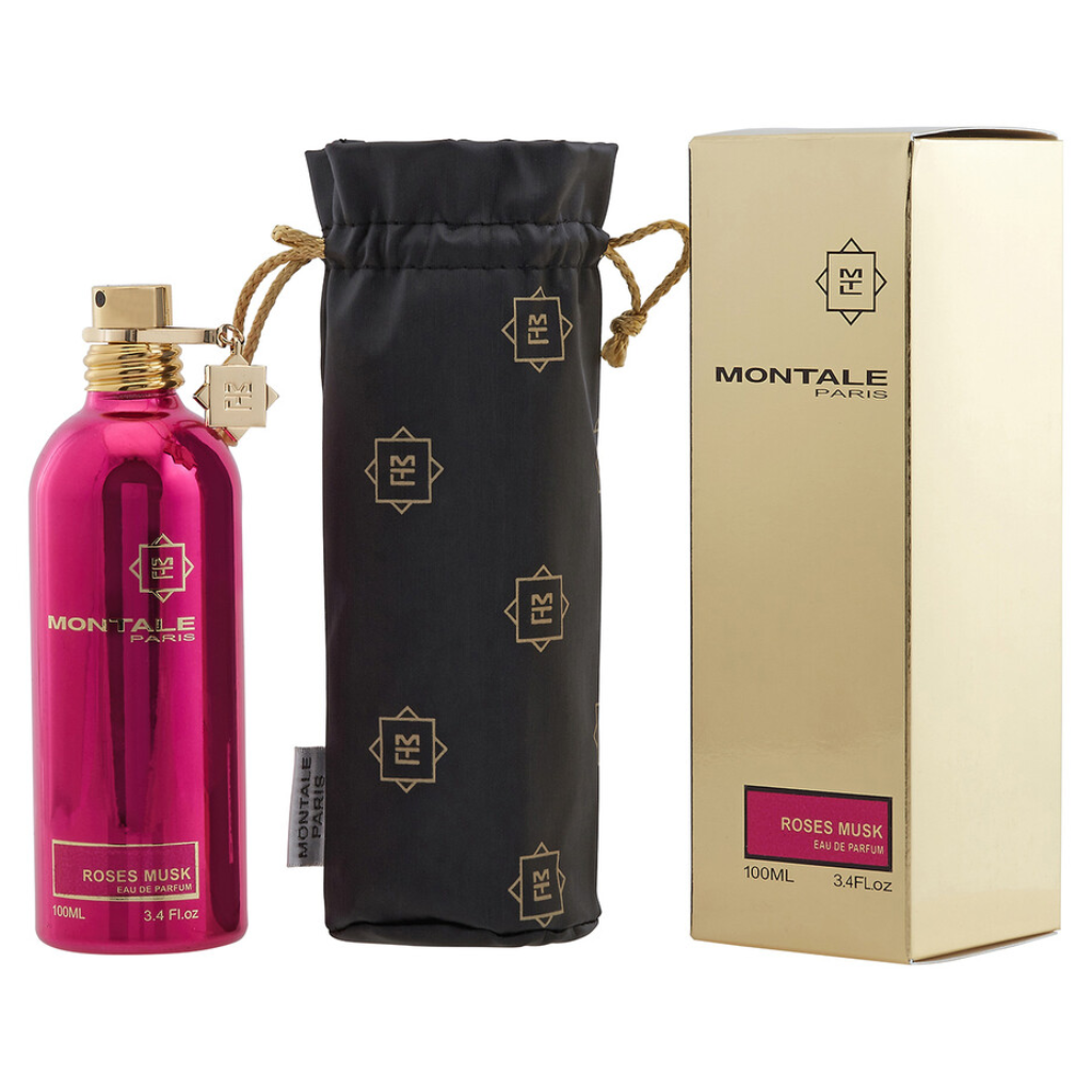 Montale Roses Musk EDP bottle, black drawstring pouch, and gold packaging box displayed side by side