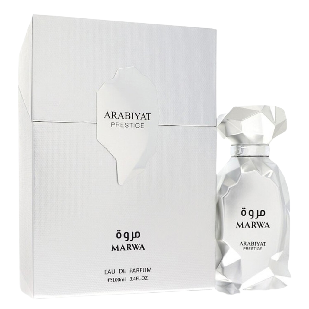 White luxury perfume box and geometric cut crystal bottle labeled Marwa EDP from Arabiyat Prestige collection