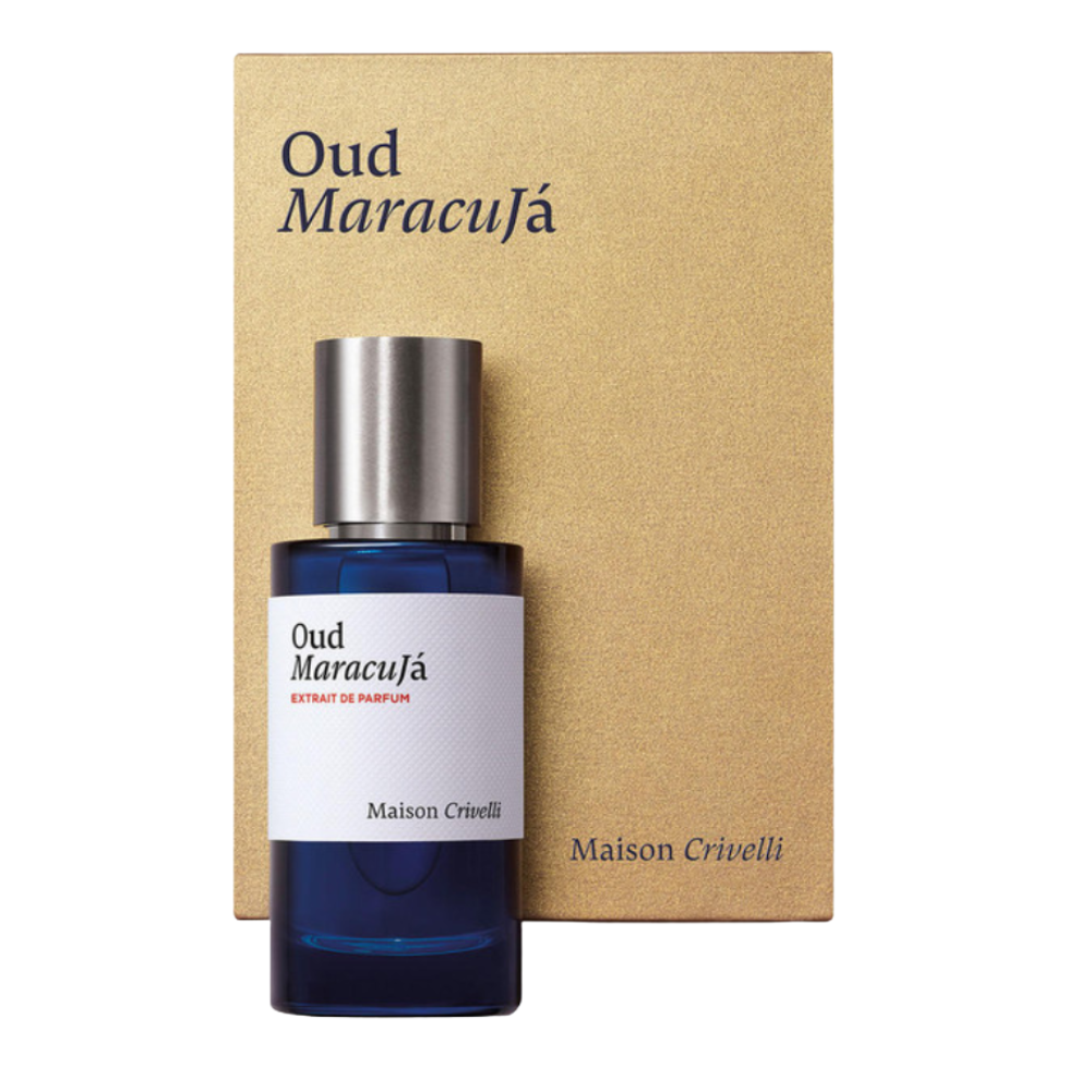 Oud Maracuja Extrait de Parfum bottle with sleek silver cap and elegant gold packaging by Maison Crivelli